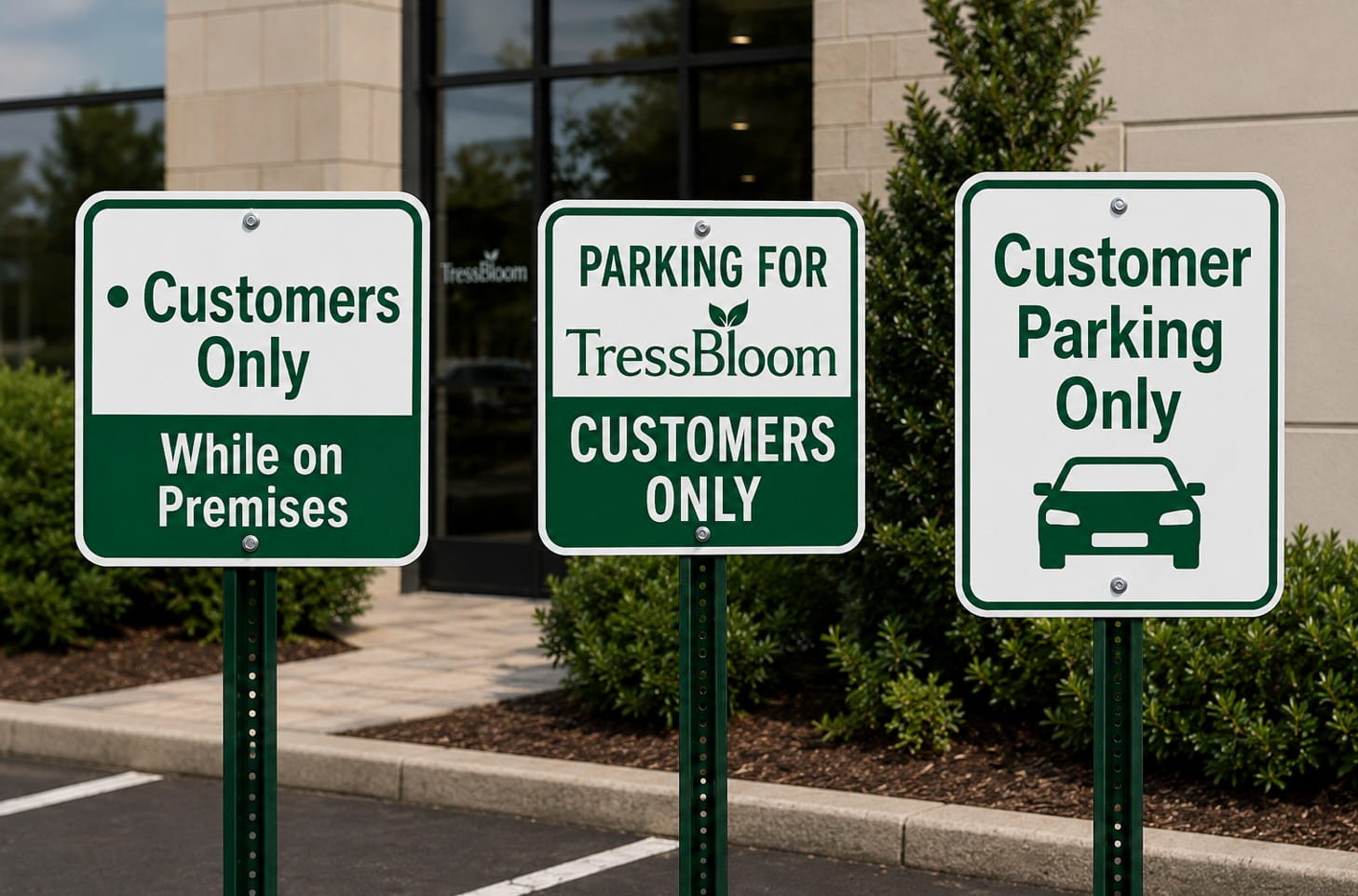 Three green and white parking signs restricting vehicle parking to customers only<br>