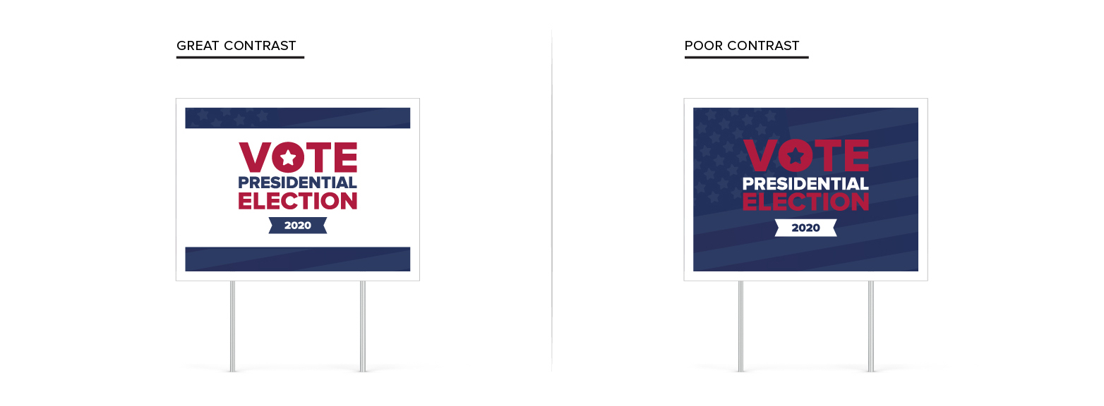 Campaign signs side-by-side showing the comparison of good and bad color contrast