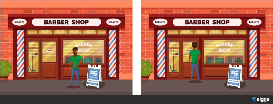 Illustration showing a man noticing an A-frame sign and then walking into a store